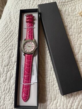 NWT Manhattan - Women's Pink Crystal Accent Watch with Croc-Embossed Strap